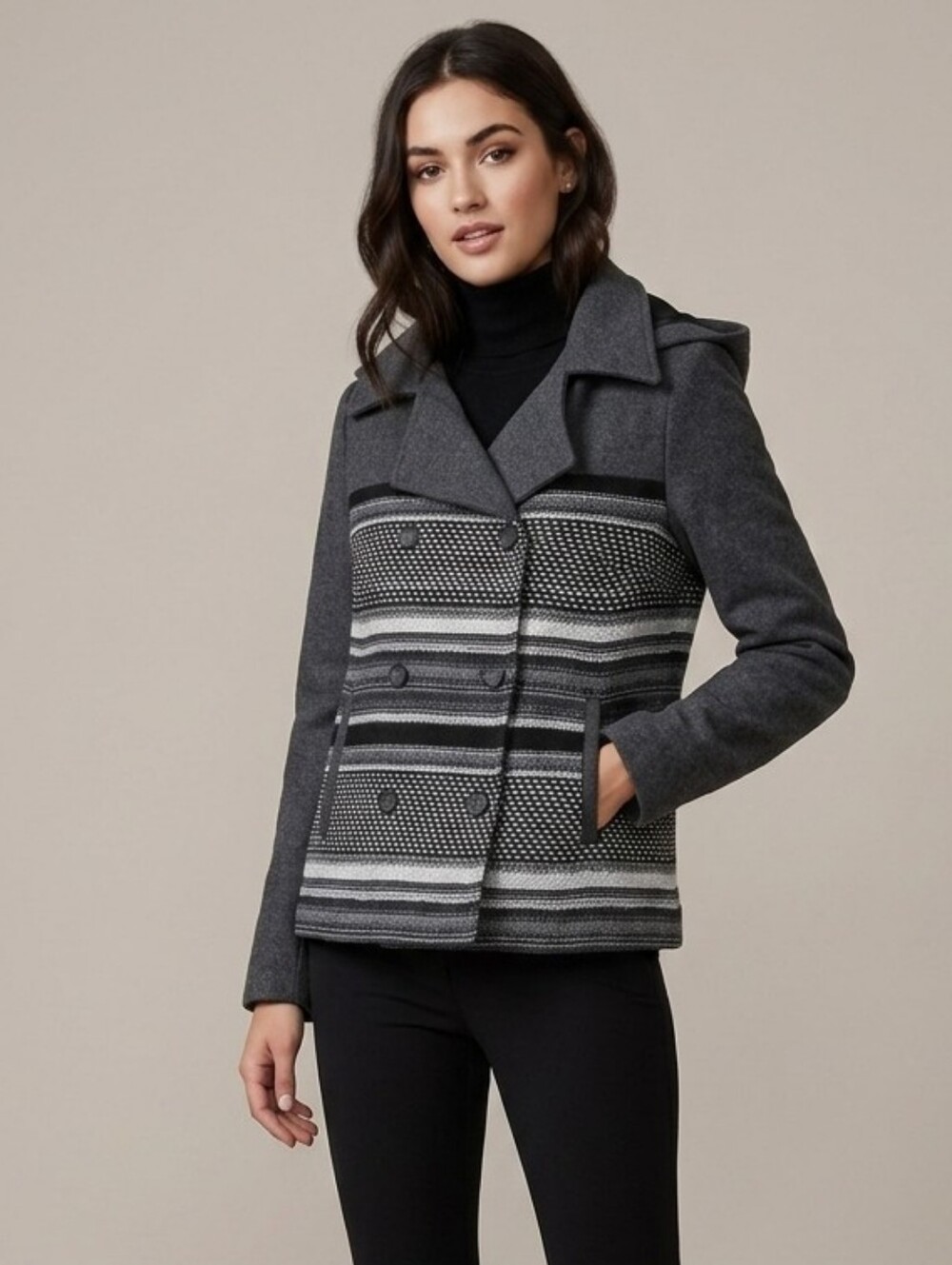 Jack BB Dakota Cropped Hooded Peacoat Black White & Gray